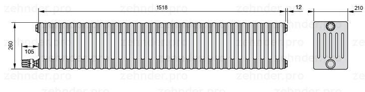 Схема (чертеж) Радиатор Zehnder Charleston 6026/33 №V003 Белый глянцевый RAL 9016